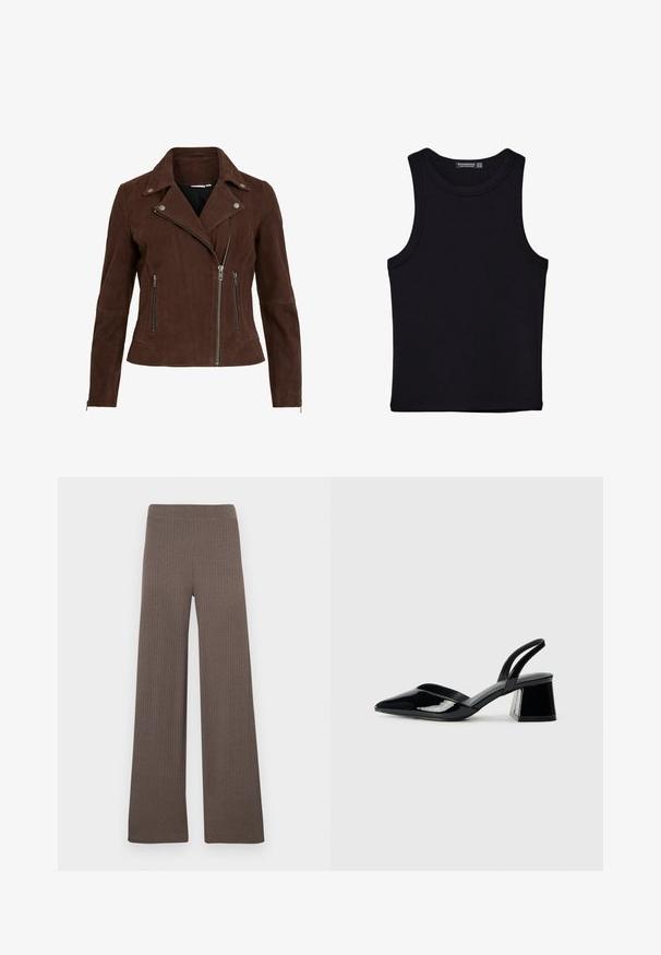 Brązowa zamszowa kurtka motocyklowa z wykładanym kołnierzem, srebrnymi zamkami błyskawicznymi i kieszeniami na zamek. Charakteryzuje się dopasowanym krojem i teksturowanym wykończeniem.; Czarny top na ramionczkach wykonany z bawełny, z okrągłym dekoltem i szerokimi wycięciami na ramionach. Gładka tekstura z przeszytymi brzegami. Klasyczny, minimalistyczny design.; Szerokie spodnie z prążkowanej tkaniny w ciemnym brązowym kolorze, z elastycznym pasem i miękkim, teksturowanym materiałem.; Czarne lakierowane półbuty na obcasie z wydłużonym noskiem i geometrycznym słupkiem. Charakteryzują się eleganckim, minimalistycznym designem oraz gładką fakturą.