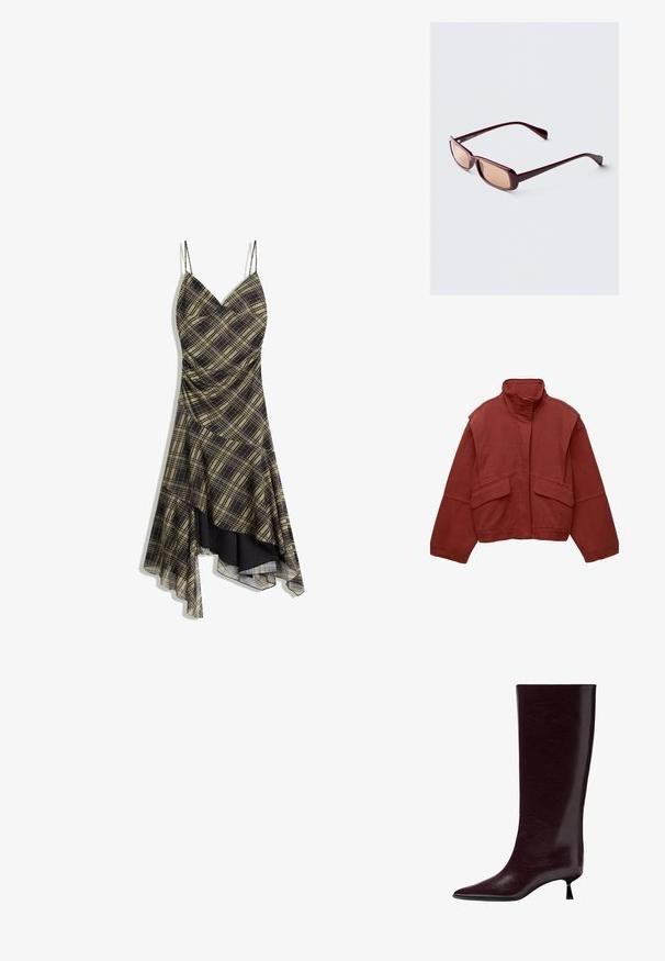Czerwona, krótka kurtka z bawełny z wysokim kołnierzem, luźnymi rękawami i dwiema przednimi kieszeniami naszytymi.; Czarna i żółta sukienka w kratkę z ramiączkami typu spaghetti, dekoltem w kształcie litery V oraz asymetrycznym dołem, z przezroczystym overlayem i marszczonym teksturą.; Botki sięgające do kolan w kolorze bordowym, wykonane z gładkiej, teksturowanej skóry, z wąskim noskiem i cienkim, warstwowym obcasem dla większego wzrostu.; Bordowe okulary przeciwsłoneczne z prostokątnymi oprawkami, gradientowymi soczewkami i smukłymi ramionami. Materiał ma gładkie, błyszczące wykończenie.; Brązowa skórzana torba, o zakrzywionym kształcie, z jedną rączką, zamykana na zamek błyskawiczny, z fakturowaną powierzchnią i delikatnym połyskiem. Kompaktowy i minimalistyczny design.