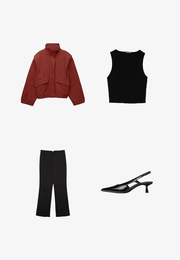 Czerwona, krótka kurtka z bawełny z wysokim kołnierzem, luźnymi rękawami i dwiema przednimi kieszeniami naszytymi.; Czarny bezrękawnik crop top z gładkiego materiału, z okrągłym dekoltem i czystym, prostym wzornictwem, bez wzorów czy metalowych elementów.; Czarne spodnie o prostym kroju, z przednimi kieszeniami i bocznymi rozcięciami na dole. Wykonane z miękkiego, gładkiego materiału. Odpowiednie na różne okazje.; Czarne lakierowane czółenka na odkrytej pięcie z wąskim noskiem, z wykrojem po bokach i małym kwadratowym obcasem. Gładka faktura z minimalnymi akcentami.