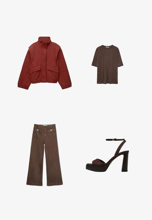 Rote, kurze Jacke aus Baumwolle mit hohem Kragen, locker sitzenden Ärmeln und zwei aufgesetzten Taschen vorne.; Braunes kurzärmeliges T-Shirt aus weichem Stoff, mit Rundhalsausschnitt und lockerer Passform. Glatte Textur ohne Muster oder Akzente.; Braune weit geschnittene Hosen aus Baumwolle, mit zwei Fronttaschen mit silbernen Knöpfen und einer glatten Textur.; Braune Wildleder-Pumps mit offenem Zeh, verstellbarem Knöchelriemen und gestreiftem Plateausohlen.