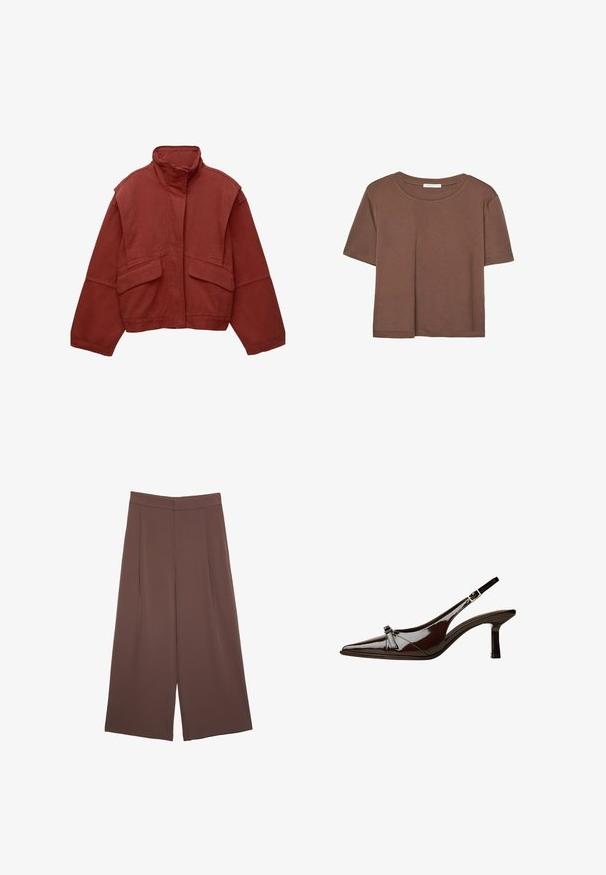 Giacca rossa, cropped, realizzata in cotone, con colletto alto, maniche ampie e due tasche a toppa frontali.; Maglietta a maniche corte marrone realizzata in tessuto morbido, con scollatura rotonda e vestibilità rilassata. Nessun motivo o dettaglio visibile.; Pantaloni ampi marroni con una texture liscia, caratterizzati da una vita alta e pieghe frontali. Il tessuto è leggero e scorre liberamente.; Scarpa slingback in pelle verniciata marrone con punta appuntita, tacco basso e un accentuato fiocco decorativo nella parte anteriore. Texture liscia e lucente.