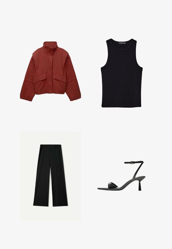 Rote, kurze Jacke aus Baumwolle mit hohem Kragen, locker sitzenden Ärmeln und zwei aufgesetzten Taschen vorne.; Schwarzes Tanktop aus Baumwolle mit rundem Halsausschnitt und weiten Armöffnungen. Glatte Textur mit genähten Säumen. Klassisches, minimalistisches Design.; Bershka WIDE - Stoffhose - black; Bershka High Heel Sandalette - black