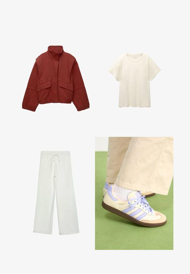 Giacca rossa, cropped, realizzata in cotone, con colletto alto, maniche ampie e due tasche a toppa frontali.; Maglietta a maniche corte beige chiaro con scollatura rotonda, realizzata in un tessuto morbido e liscio. Presenta una vestibilità comoda e un orlo dritto.; Pantaloni bianchi a gamba larga realizzati in un tessuto morbido. Presentano un elastico in vita con cordino e una consistenza liscia. Senza motivi visibili o accessori.; Sneakers crema e lavanda con tre strisce e suola marrone texturizzata, dotati di lacci e tallone imbottito. Parte superiore in tessuto morbido.