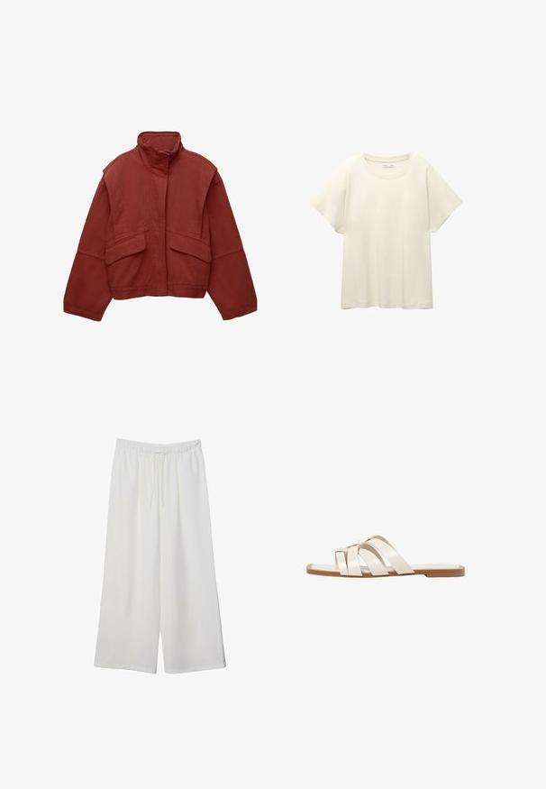 Rode, kort afgeknipte jack van katoen met een hoge kraag, losse mouwen en twee voorzakken.; Lichtbeige t-shirt met korte mouwen en een ronde halslijn, gemaakt van zachte, gladde stof. Heeft een ontspannen pasvorm en een rechte zoom.; Witte wijde broek van lichtgewicht stof, met een elastische tailleband en een trekkoord voor een verstelbare pasvorm. Glad texture.; Vlakke sandalen met een tan rubberen zool, ontworpen met drie overlappende witte leren banden en een kleine strikdetail in het midden.