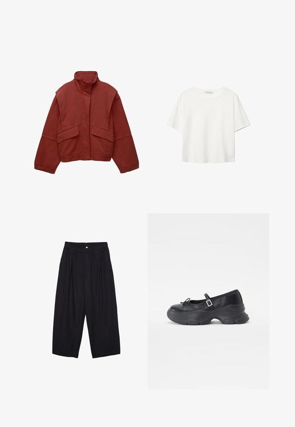 Rote, kurze Jacke aus Baumwolle mit hohem Kragen, locker sitzenden Ärmeln und zwei aufgesetzten Taschen vorne.; Weißes T-Shirt mit kurzen Ärmeln aus Baumwolle. Hat einen Rundhalsausschnitt und eine lockere Passform. Glatte Textur ohne sichtbare Muster oder Akzente.; Schwarze Polyester-Culotte mit einem elastischen Bund, zwei vorderen Falten und einer lockeren Silhouette. Keine sichtbaren Muster oder Hardware-Details.; Schwarze Leder-Mary-Jane-Schuhe mit einer abgerundeten Zehenpartie, Schleifendetail und verstellbarem Knöchelriemen. Mit einer stabilen Gummisohle mit geschwungenen Akzenten.