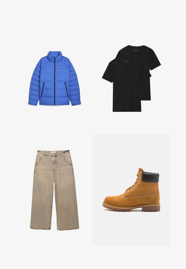 Niebieska kurtka puchowa z kołnierzem stójkowym, czarnym zapięciem na suwak, bocznymi kieszeniami na zamek oraz logo Puma po lewej stronie klatki piersiowej.; Dwie czarne bawełniane koszulki z krótkimi rękawami, okrągłymi dekoltami i gładką fakturą, wyeksponowane ułożone jedna na drugiej.; PULL&BEAR - Jeansy baggy; Beżowe zamszowe botki sięgające kostki z czarną wyściełaną krawędzią, złotymi oczkami, białymi detalami szycia oraz wytrzymałą gumową podeszwą z wyraźnym bieżnikiem.
