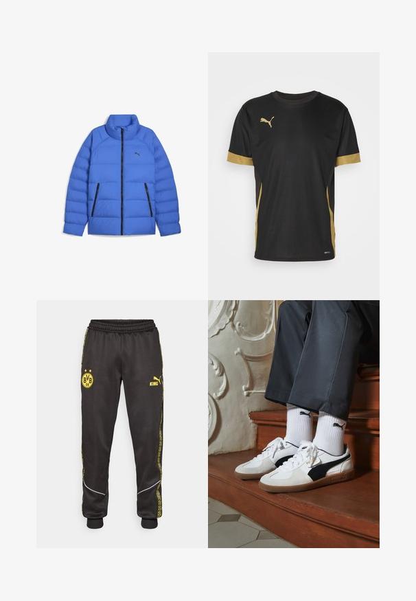 Niebieska kurtka puchowa z kołnierzem stójkowym, czarnym zapięciem na suwak, bocznymi kieszeniami na zamek oraz logo Puma po lewej stronie klatki piersiowej.; Czarny sportowy T-shirt z złotymi akcentami na rękawach i boku. Posiada okrągły dekolt, krótkie rękawy oraz materiał odprowadzający wilgoć DRYCELL.; Czarne sportowe spodnie z żółtymi logo Borussia Dortmund BVB 09 i Puma King, elastyczną talią oraz wzorzystymi żółtymi paskami po bokach.; Sneakers Puma w białym i czarnym zamszu, z brązową gumową podeszwą. W połączeniu z białymi skarpetkami z czarnym logo, noszone z ciemnymi spodniami.