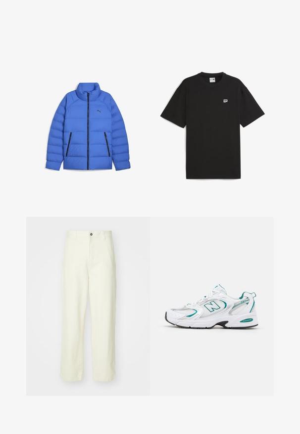 Niebieska kurtka puchowa z kołnierzem stójkowym, czarnym zapięciem na suwak, bocznymi kieszeniami na zamek oraz logo Puma po lewej stronie klatki piersiowej.; Czarna koszulka z krótkim rękawem z bawełny, z okrągłym dekoltem i małym białym logo na piersi. Prosty, luźny krój.; Jasnożółte bawełniane spodnie o prostym kroju nogawki, z zapięciem na guzik z przodu, szlufkami na pasek i minimalistycznym, czystym wzornictwem.; Białe buty sportowe z siateczkowymi i syntetycznymi panelami, turkusowymi akcentami, okrągłym noskiem, sznurowanym przodem oraz czarną gumową podeszwą.