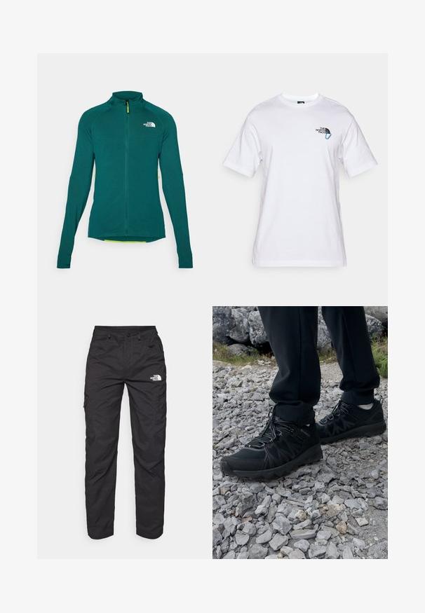 Tealgrønn langermet fleecejakke med glidelås og høy krage, med hvit "The North Face"-logo på brystet.; The North Face EXPLORE CARABINER RELAXED TEE UNISEX - T-shirts med print - white; Sorte cargo bukser laget av lett stoff. Har glidelåslommer på siden og et logo på venstre lår. Rett ben-design.; Sorte utendørssko i svart med mesh og syntetisk materiale, med en teksturert overdel, sikret snøresystem og en robust såle, på steinete terreng.
