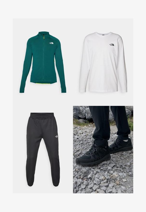 Teal green long-sleeve zip-up fleece jacket with high collar and white "The North Face" logo on the chest.; White long-sleeve T-shirt made of cotton with a crew neck. Features a small black logo on the chest. Smooth texture, regular fit.; Black sweatpants with a drawstring waist, tapered fit, elastic cuffs, and a small white logo on the left thigh, made from smooth fabric.; Black outdoor shoes with mesh and synthetic material, featuring a textured upper, secured lacing system, and a rugged outsole, on rocky terrain.