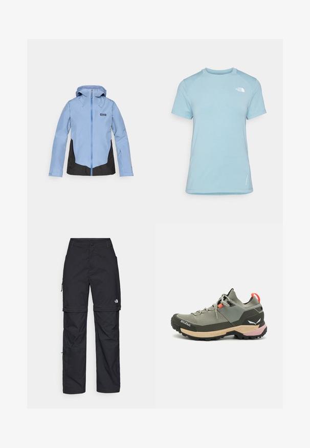 Απαλή μπλε αδιάβροχη ζακέτα με καπέλο, με μαύρες λεπτομέρειες στο κάτω μέρος, μπροστινό φερμουάρ και διπλές πλαϊνές τσέπες. Λείο ύφασμα.; Ανοιχτού μπλε κοντομάνικο μπλουζάκι με λαιμόκοψη. Διαθέτει μαλακό ύφασμα, ραγκλάν μανίκια και λευκό λογότυπο στο επάνω αριστερό στήθος.; Μαύρα νάιλον παντελόνια cargo με φερμουάρ που αφαιρούνται, ρυθμιζόμενους καρπούς, πολλαπλές τσέπες και λογότυπο στο δεξί πόδι. Απαλή, ελαφριά υφή.; Ελαφρύ πράσινο ορειβατικό παπούτσι με διχτυωτό και λαστιχένιο υλικό, μαύρη σόλα με προσανατολισμό στην πρόσφυση, ροζ και πορτοκαλί λεπτομέρειες και ενισχυμένο άκρο.