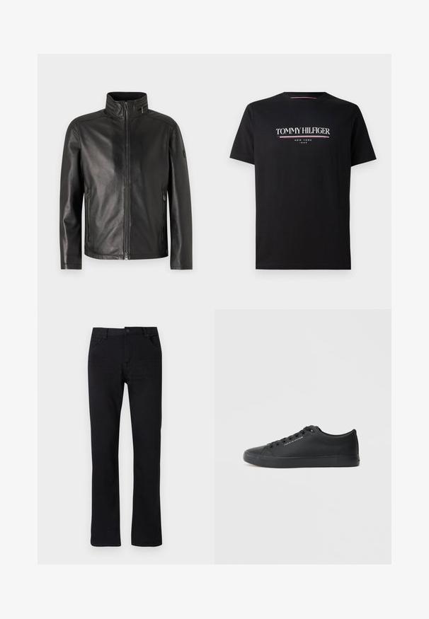 JOOP! OLAF - Nahkjakk - black; Must musta t-särk mustast puuvillast, millel on valge ja värviline "TOMMY HILFIGER" logo, mille all on väiksemas kirjas tekst "NEW YORK" ja "1985". Lühikesed varrukad, ümar kaelus.; Mustad sirgedega teksapüksid, musta värvi. Omavad lukuga sääret, viit taskut ja peent õmblust. Lame vöökoht koos vöökohaga.; Tommy Hilfiger VULC LOW - Tossud - triple black