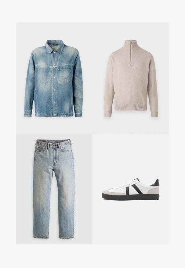 Denim jakna u svijetloplavoj boji s klasičnom kragnom, dugim rukavima, dva prednja džepa i metalnim dugmadi na kopčanju. Lagano izbljeđeni izgled.; Bežani pulover s četvrtim zipom od mekanog pletiva. Ima rebrasti ovratnik i manžete, s opuštenim krojem i bezšavnim dizajnom.; Svijetloplave traperice visoki struk, prednji gumb, zatvarač i dizajn s pet džepova, položene ravno na neutralnoj pozadini.; Bijele tenisice s crnim i sivim detaljima, s teksturiranim sivim zaštitnikom prstiju, crnim gumene potplate i ravnim bijelim vezicama. Čist dizajn, minimalistički stil.