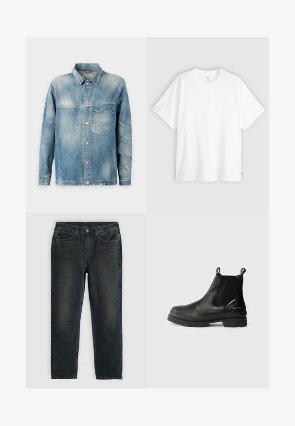 Helesinine teksajakk klassikalise kraega, pikkade varrukatega, kahe eesmine taskuga ja metallist nupuga kinnitustega. Kergelt kulunud tekstuur.; Valge lühikeste varrukatega puuvillane T-särk, millel on ümmargune kaelus. Ees on peene reljeefse logoga detail ja hemmi peal punane silt.; Tumed sinised denim teksad sirgete sääremõõtudega, viie tasku, lukuga ja kontrastsetes õmblustes. Kanga peal on õrn kulumine.; Mustad mustad Chelsea saapad külgsete elastsete paneelidega, paksu kummitald, tõmbe подробности ja metallist brändinguga kandadel.