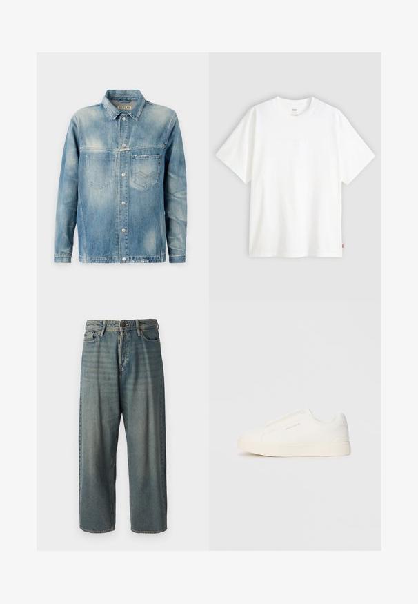 Jaqueta de ganga em azul claro com colarinho clássico, mangas compridas, dois bolsos frontais e fechos de botão metálico. Textura ligeiramente desbotada.; T-shirt branca de manga curta, feita de algodão, com decote redondo. Apresenta um discreto detalhe de logotipo em relevo na frente e uma etiqueta vermelha na bainha.; Jeans de ganga azul claro com um corte solto, cintura média e pernas retas. Apresenta cinco bolsos, passadores de cinto e fecho com botão.; Sapatilhas brancas de atacar com uma superfície texturizada, sola grossa e design minimalista. Possui o logo da marca na lateral.