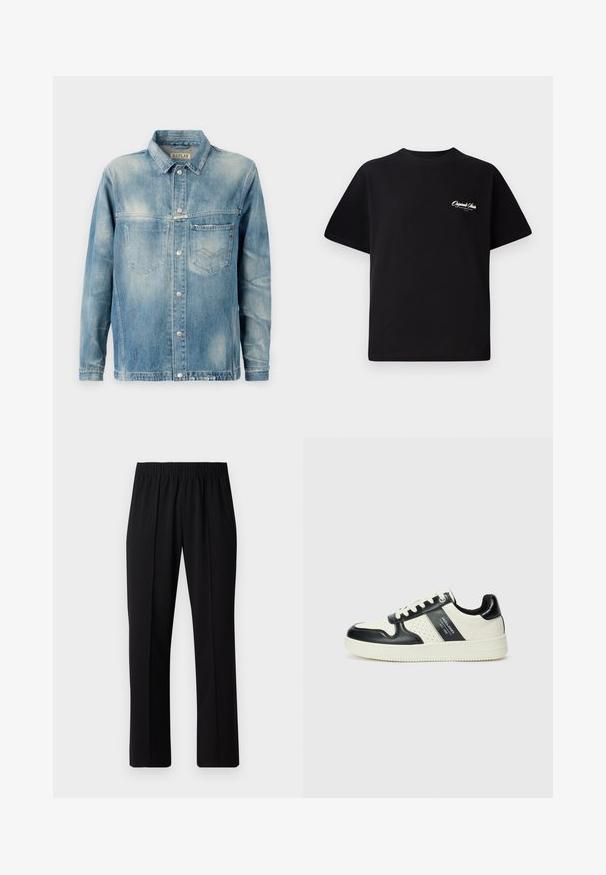 Lys blå denimjakke med klassisk krage, lange ermer, to frontlommer og metallknapper. Svakt falmet tekstur.; Svart bomull t-skjorte med rund hals, korte ermer og liten hvit logo-tekst på venstre bryst. Enkel design, klassisk passform.; Svart, elastisk midjebukser med rett ben-design, med en glatt tekstur og uten synlige mønstre eller maskinvare.; Lædersneakers med sort og creme farveskema, der har perforerede detaljer, en polstret krave og en struktureret ydersål.