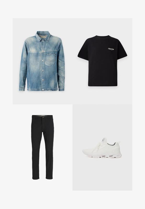 Valkoinen farkkutakki vaaleansinisessä sävyssä, klassisella kauluksella, pitkillä hihoilla, kahdella etutaskulla ja metallinappikiinnityksellä. Hieman haalistunut pinta.; Mustat puuvillateepaidat, joissa on pyöreä kaula-aukko, lyhyet hihat ja pieni valkoinen logoteksti vasemmassa rinnassa. Yksinkertainen suunnittelu, klassinen istuvuus.; Mustat puuvillasekoitehousut, joissa on slim fit -leikkaus, napitus, taskut ja käärityt lahkeet rentoa ilmettä varten.; Valkoiset urheilukengät, joissa on teksturoitu neulepinta, litteät nauhat ja pehmustettu pohja, jossa on näkyvät ilmakammiot lisätuen tarjoamiseksi.