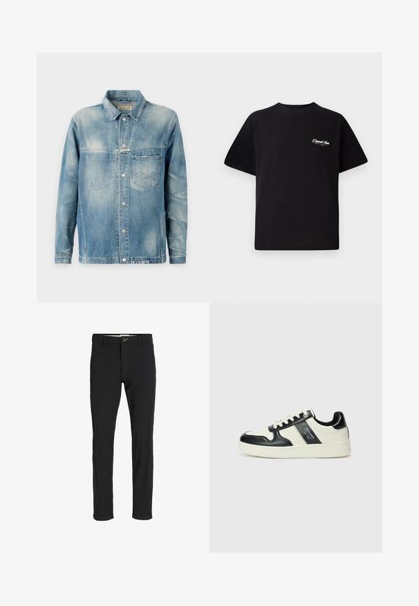 Denim jakna u svijetloplavoj boji s klasičnom kragnom, dugim rukavima, dva prednja džepa i metalnim dugmadi na kopčanju. Lagano izbljeđeni izgled.; Crna pamučna majica s okruglim izrezom, kratkim rukavima i malim bijelim logotipom s lijeve strane na prsima. Jednostavan dizajn, klasičan kroj.; Crne hlače od pamuka sa slim fit krojem, s kopčanjem na dugme, džepovima i zavrnutim rukavima za ležeran izgled.; Kožne tenisice s crno-bijelom paletom boja, koje imaju perforirane akcentne detalje, podstavljeni ovratnik i teksturiranu potplat.