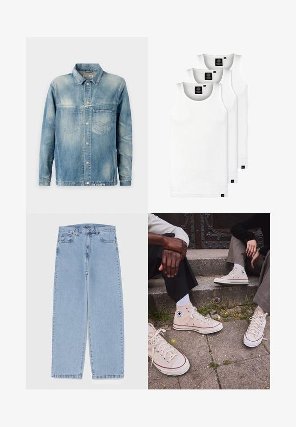 Valkoinen farkkutakki vaaleansinisessä sävyssä, klassisella kauluksella, pitkillä hihoilla, kahdella etutaskulla ja metallinappikiinnityksellä. Hieman haalistunut pinta.; Kolme valkoista ribbitekstiilistä toppia, jotka on valmistettu puuvillasta. Ominaisuuksiin kuuluu pyöreä pääntie ja pieni musta etiketti helman lähellä. Saatavilla useissa kooissa.; Vaaleanbeige lyhythihainen paita, jossa on napitus edessä, kaksi rintataskua, näkyvät ompelusaumat ja klassinen kaulus.; Vaaleansiniset farkut suoran lahkeen muotoilulla, joissa on puolivälin vyötärö, viisi taskua sekä nappi- ja vetoketjusuljenta.; Korkean varren beige kangastennarit, joissa on punainen raita, valkoinen kumipohja ja metalliset silmukat, sekä ikoninen tähti-logo sivussa.