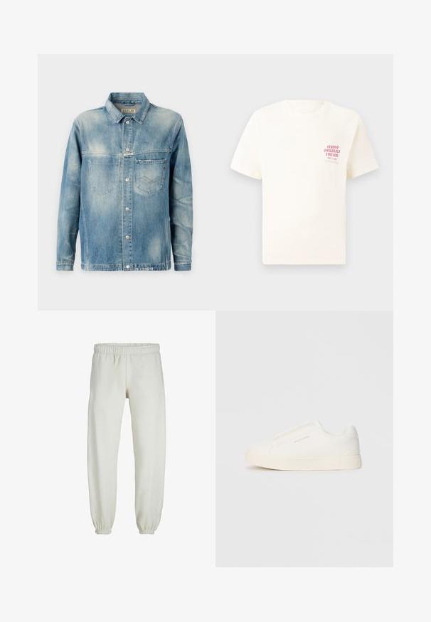 Jeansjakna v svetlo modri barvi s klasičnim ovratnikom, dolgimi rokavi, dvema sprednjima žepe in kovinskimi gumbi na zapiranju. Rahlo zbledela tekstura.; Bela majica s kratkimi rokavi z rdečim napisom "Studio Originals Edition" na levi strani prsnega koša, prikazana na nevtralnem sivo backgroundu.; Bele trenerke narejene iz mehkega blaga, z elastičnim pasom in manšetami, gladke teksture in ohlapnega kroja.; Bele zapete brez vezalk z teksturirano površino, debelim podplatom in minimalističnim dizajnom. Na strani se nahaja logotip blagovne znamke.