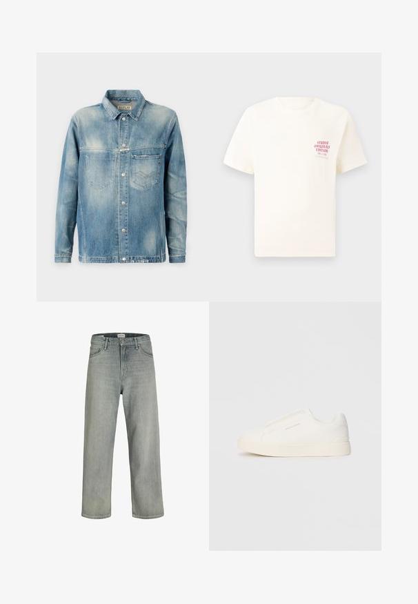Gaišzila džinsa jaka ar klasisku apkakli, garām piedurknēm, divām priekšējām kabatām un metāla pogu aizdari. Mazliet izbalējusi tekstūra.; Balts īsām piedurknēm T-krekls ar sarkanu tekstu "Studio Originals Edition" uz kreisā krūšu, pakārtots neitrālā pelēkā fonā.; Gai pelēki, brīvi pieguļoši džinsi no denima. Iekļauj klasisku piecu kabatu dizainu, jostas cilpas un taisnu kāju siluetu.; Baltas slip-on sporta apavi ar teksturētu virsmu, biezu zoli un minimālistisku dizainu. Sānos redzams zīmola logotips.