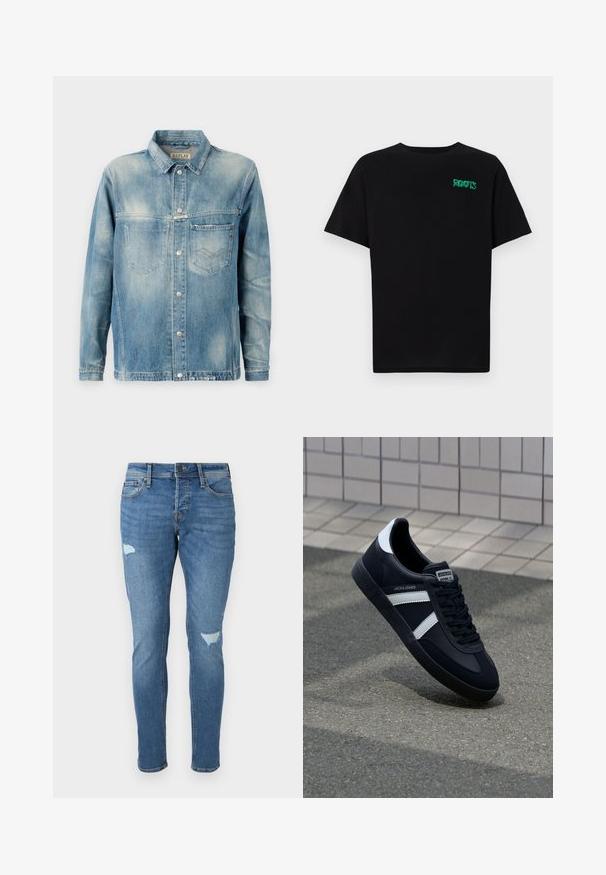 Denim jakna u svijetloplavoj boji s klasičnom kragnom, dugim rukavima, dva prednja džepa i metalnim dugmadi na kopčanju. Lagano izbljeđeni izgled.; Crna majica kratkih rukava od pamuka. Na prednjem dijelu se nalazi zeleni "ROOTS" logo, okrugli izrez i standardni kroj.; Izblijedjeli plavi traperice uskog kroja, s izbrazdanim dijelovima na koljenima, zatvaranjem na gumbe i dizajnom s pet džepova.; Crne kožne tenisice s bijelim prugama, strukturirana gumena potplate i vezanjem sprijeda. Ima oznaku brenda na jeziku.