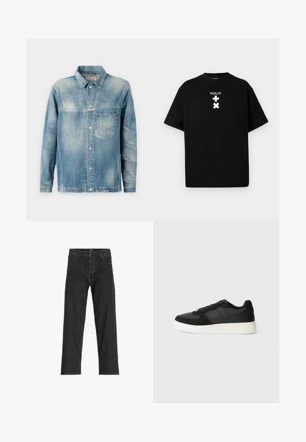 Denim jacket in light blue with a classic collar, long sleeves, two front pockets, and metal button closures. Slightly faded texture.; Black short-sleeve t-shirt made of cotton, featuring a crew neck and white printed text and symbols on the front. Simple design, no patterns.; Black denim jeans with a straight leg design, featuring a zip fly, belt loops, and six pockets, made from a sturdy cotton blend fabric.; Black low-top sneaker with textured leather and suede panels, white rubber sole, and black laces on a plain light background.