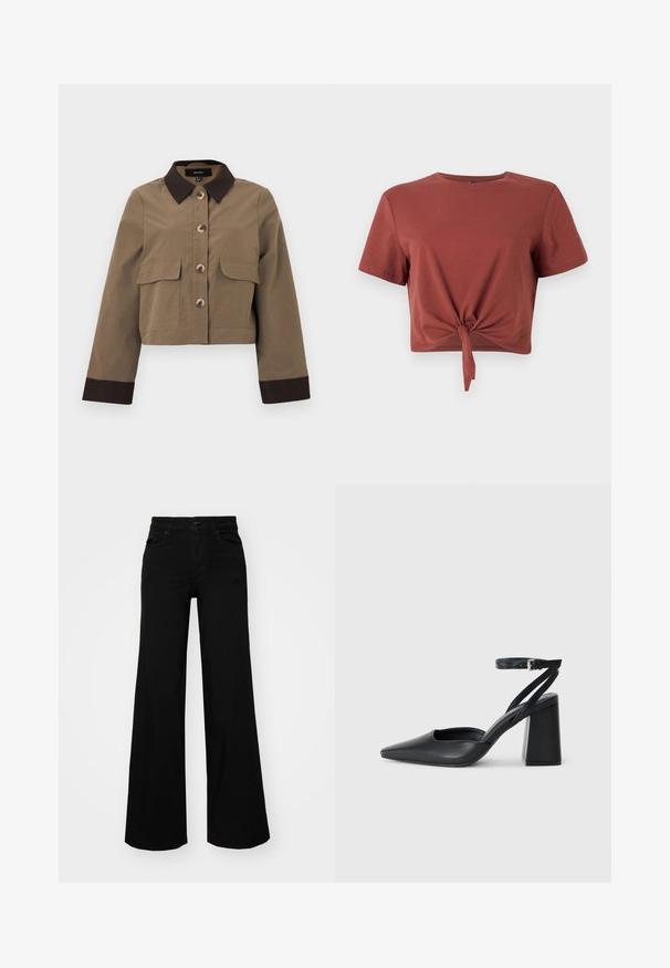 Veste brune raccourcie en tissu résistant avec un col marron foncé, une fermeture à cinq boutons et deux poches avant. Manches longues avec des poignets foncés.; T-shirt court de couleur rouille en coton doux avec des manches courtes et un détail noué à l'avant. Texture lisse, col rond.; Pantalons large en denim noir, dotés d'une taille structurée, de passants de ceinture et de poches avant. Texture lisse avec un design classique.; Escarpin noir en cuir à bout pointu avec une bride de cheville et un talon épais. Texture lisse, design élégant et esthétique minimaliste.