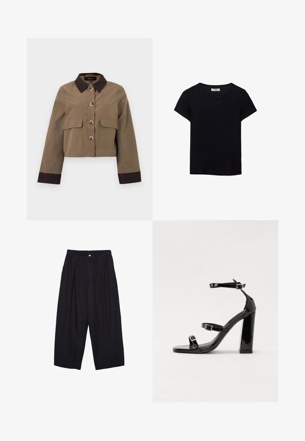 Korth jacket i kraftigt tyg med mörkbrun krage, femknäppning och två framfickor. Långa ärmar med mörka manschetter.; Svart t-shirt med kort ärm, tillverkad av mjukt tyg. Har en klassisk rund halsringning och en avslappnad passform. Inga mönster eller detaljer synliga.; Svarta polyester culottbyxor med elastisk midja, två framfickor och en lös silhuett. Inga synliga mönster eller hårdvarudetaljer.; Svarta lackerade klacksandaler med fyrkantig tå, ankelremmar och silverfärgade spännen. Har en kraftig blockklack för stabilitet.