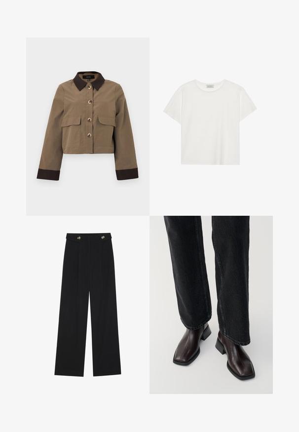 Korte brun jakke i slitesterkt stoff med mørkebrun krage, fem knapper foran og to lommer. Lange ermer med mørke mansjetter.; Hvit T-skjorte med kort erm laget av myk bomull. Har rund hals og avslappet passform. Rent design uten synlige mønstre eller aksenter.; Svart vide bukser med høy midje, knappdetaljer på midjebåndet og frontplisser.; Brune lær ankle støvler med firkantet tå og blokkhæl, parret med sorte vide ben jeans. Glat struktur og minimalistisk design.