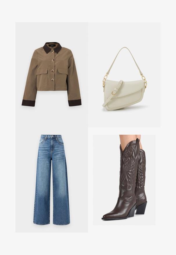 Giacca corta in tessuto robusto di colore marrone, con colletto marrone scuro, chiusura a cinque bottoni e due tasche frontali. Maniche lunghe con polsini scuri.; Top senza maniche bianco realizzato in tessuto a coste, caratterizzato da un collo arrotondato e una silhouette aderente, con cuciture minime e senza decorazioni.; Jeans in denim a gamba larga, di colore blu chiaro, con vita alta, leggera scoloritura e design a cinque tasche con cuciture a contrasto.; Stivali da cowboy in pelle marrone con punta affusolata e tacco a blocco, caratterizzati da dettagliati ricami e accenti rialzati sul gambale.; Piccola borsa a tracolla crema con finitura testurizzata, una lunga tracolla regolabile, un accento a catena e chiusura a patta. Dettagli in hardware dorato.