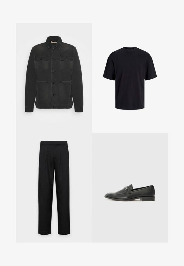 Melnas džinsu jaka ar pogām priekšā, diviem krūšu kabatām un divām apakšējām kabatām; ar vērstu apkakli un rievotām aprocēm.; Melns kokvilnas T-krekls ar apaļu kakla izgriezumu, īsām piedurknēm un brīvu piegriezumu. Gluda tekstūra un nav redzamu rakstu vai akcentu.; Melnas bikses, izgatavotas no gludas auduma, ar taisnu kāju dizainu, divām priekšējām krokām un standarta jostu, kurai ir āķi.; Melna ādas loafer izmēra apavi ar gludu virsmu, piedāvā ar šūtu dizainu un dekoratīvu metāla ķēdes akcentu pār vampu. Plakana papēža daļa.