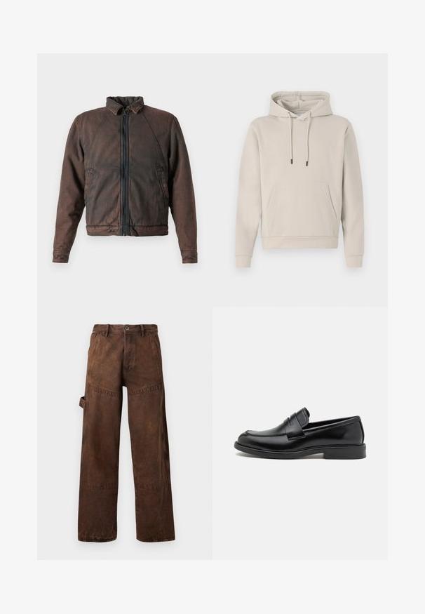 Smeđi traper jakna s uspravnim ovratnikom, patentnim zatvaračem sprijeda i dva bočna džepa. Ima lagano izlizanu teksturu i elastične manžete.; Tigastudni dukserica svijetlosmeđe boje, sa prednjim džepom, vezicama i rebrastim rukavima. Izrađena od mekog, glatkog materijala s opuštenim krojem.; Smeđe ravne radne hlače s utility džepom sa strane, petljama za pojas i dugmetom za zatvaranje na struku.; Crne kožne mokasine s zaobljenim vrhom, šivanim detaljem preko prednje strane i ravnim gumiranim potplatom za prianjanje. Glatka tekstura kroz cijelu obuću.