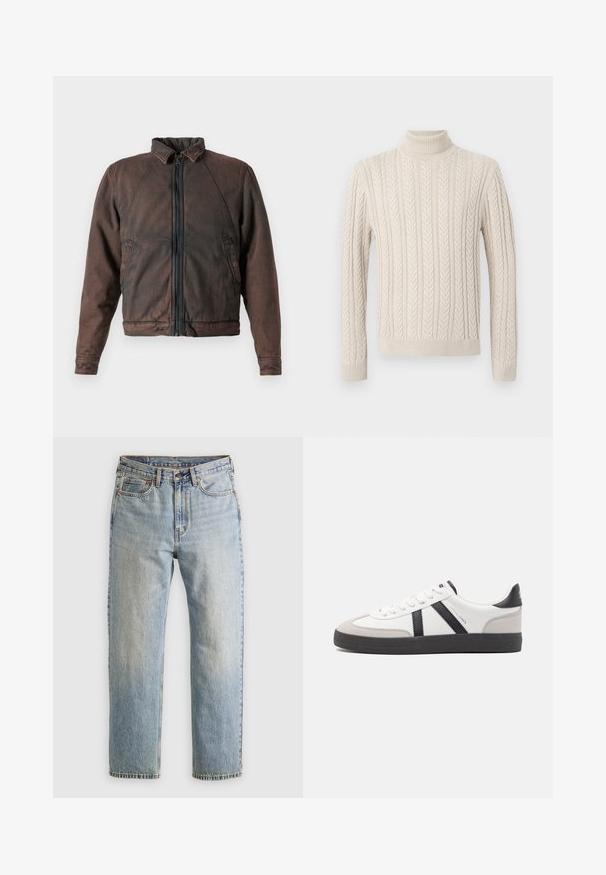 Braun denimjakke med opretstående krave, lynlås foran og to sidelommer. Har en let slidt tekstur og elastiske mansjetter.; Beige, strikket sweater med en høj, ribbet turtleneck. Har et struktureret kabelmønster samt ribbede ærmer og kant, hvilket giver et hyggeligt udseende.; Lysblå denim jeans med høj talje, frontknap, lynlås og fem-lomme design, lagt fladt på en neutral baggrund.; Hvide sneakers med sorte og grå detaljer, med en tekstureret grå tåhætte, sort gummisål og flade hvide snørebånd. Rent design, minimalistisk stil.