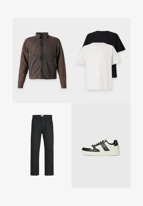 Rudas džinsinis švarkas su stovinčia apykakle, zip užtrauktuku priekyje ir dviem šoninėmis kišenėmis. Turi šiek tiek nusidėvėjusią tekstūrą ir elastines rankoves.; Medvilniniai marškiniai, kuriuos sudaro juodas ir baltas marškinėliai, abu su trumpomis rankovėmis, apvaliu iškirpimu ir standartiniu sijonu. Tekstūruota medžiaga.; Juodi kelniai, pagaminti iš tvirto audinio, su tiesiomis kojomis, siuvinėtomis detalėmis ir dviem priekinėmis kišenėmis funkcionalumui.; Odiniai sportbačiai juodos ir kreminės spalvų schemoje, su perforuotais akcentais, paminkštinta apykakle ir tekstūruotu padu.