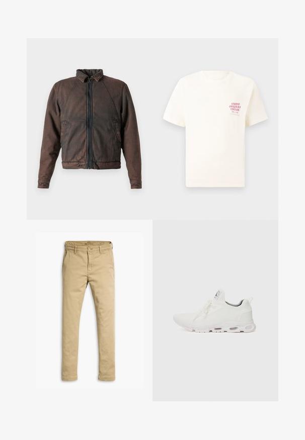 Brun denimjakke med ståkrage, glidelås foran og to sidelommer. Har en lett slitt tekstur og elastiske mansjetter.; Hvit T-skjorte med korte ermer og rød tekst "Studio Originals Edition" på venstre bryst, vist på en nøytral grå bakgrunn.; Beige chinos laget av bomull, med rett ben-design, front- og baklommer, og knappestenging med beltehemper.; Hvite atletiske sko med et teksturert strikket overdel, flate snører og en polstret såle med synlige luftkamre for ekstra støtte.