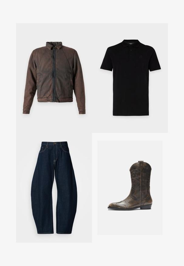 Giacca in denim marrone con colletto alto, chiusura a zip e due tasche laterali. Presenta una texture leggermente vissuta e polsini elasticizzati.; Polo nero con maniche corte, realizzato in tessuto morbido. Presenta un collo classico e una chiusura a tre bottoni, con un logo discreto sul petto.; Jeans in denim blu scuro con un design a gamba larga, caratterizzati da cuciture evidenti, cinque tasche e una chiusura con bottone di ottone in vita.; Stivale da cowboy in pelle marrone con gambale alto, punta affusolata, motivi di cucitura intricati e tacco basso. Finitura testurizzata in tutto lo stivale.