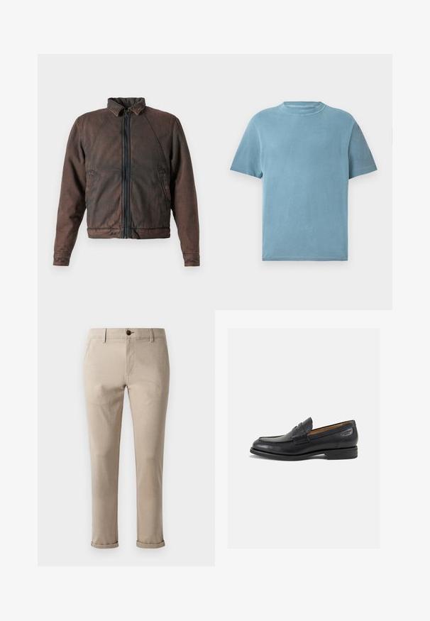 Braun denimjakke med opretstående krave, lynlås foran og to sidelommer. Har en let slidt tekstur og elastiske mansjetter.; Kortærmet T-shirt med rund hals i lys blå bomuld. Stoffet ser blødt ud med en glat tekstur og minimal syning.; Jack & Jones STMARCO FURY NOOS - Chino - atmosphere; Sorte læder loafers med en glat finish, rund tå og dekorativ syning på vampen. Lav stablet hæl og let glans.