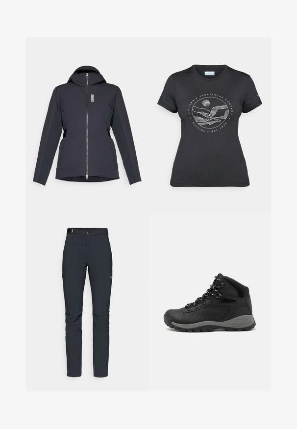 Black waterproof jacket with a zip closure, adjustable hood, side panels, and logo detail. Smooth texture and streamlined design.; Black Columbia t-shirt with white circular mountain and river line art and text "Columbia Sportswear Company Outside Since 1938."; Men's outdoor pants, dark gray, made from flexible material, featuring a belt, zippered pockets, and reinforced stitching.; Black hiking boot with a mid-top design, featuring a textured upper, gray accents, and durable rubber sole with traction lugs.
