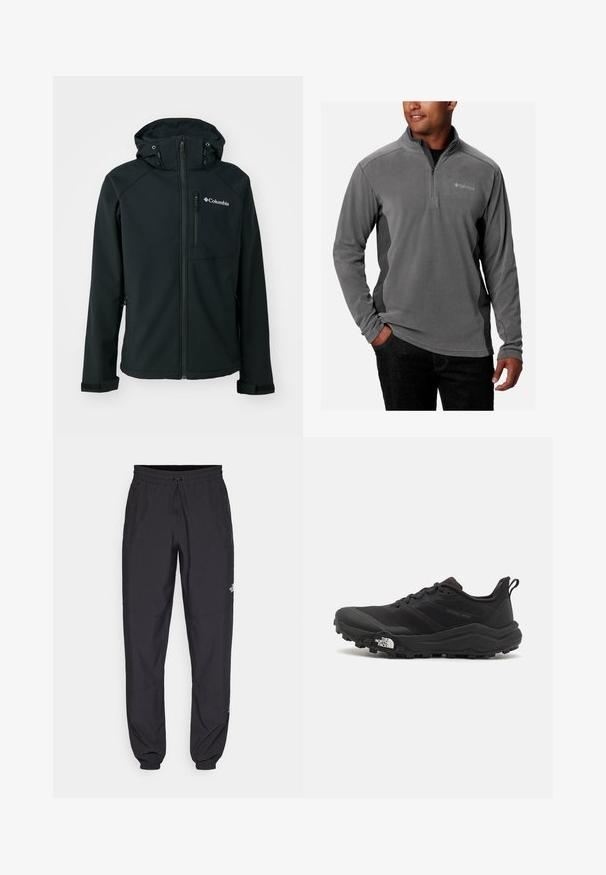 Zwarte softshell jack met een ritssluiting aan de voorkant, verstelbare capuchon, een ritszak op de borst en klittenbandsluiting aan de mouwen. Beschikt over een gladde textuur en het Columbia-logo.; Grijze fleece pullover met een kwart-rits ontwerp, zachte textuur, lange mouwen en logo op de borst. Verfraaid met contrasterende zijpanelen.; Zwarte sportieve broek gemaakt van lichtgewicht stof, met een trekkoord in de taille, zijzakken en taps toelopende boorden bij de enkels.; Zwarte trailrunning schoen met een gestructureerde bovenkant, rubberen zool en versterkte neus. Voorzien van een gevoerde kraag en een trekhaak voor eenvoudig aan- en uittrekken.