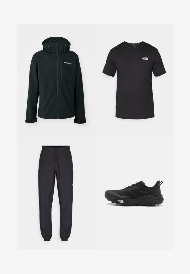 Veste softshell noire avec fermeture éclair à l'avant, capuche réglable, poche poitrine zippée et poignets en velcro. Elle présente une texture lisse et le logo Columbia.; T-shirt noir à manches courtes en coton, avec un col rond et un petit logo blanc sur le côté supérieur gauche de la poitrine.; Pantalon de sport noir en tissu léger, avec une taille à cordon, des poches latérales et des chevilles resserrées.; Chaussure de trail running noire avec une tige texturée, semelle en caoutchouc et bout renforcé. Présente un col rembourré et une tirette pour un enfilage facile.