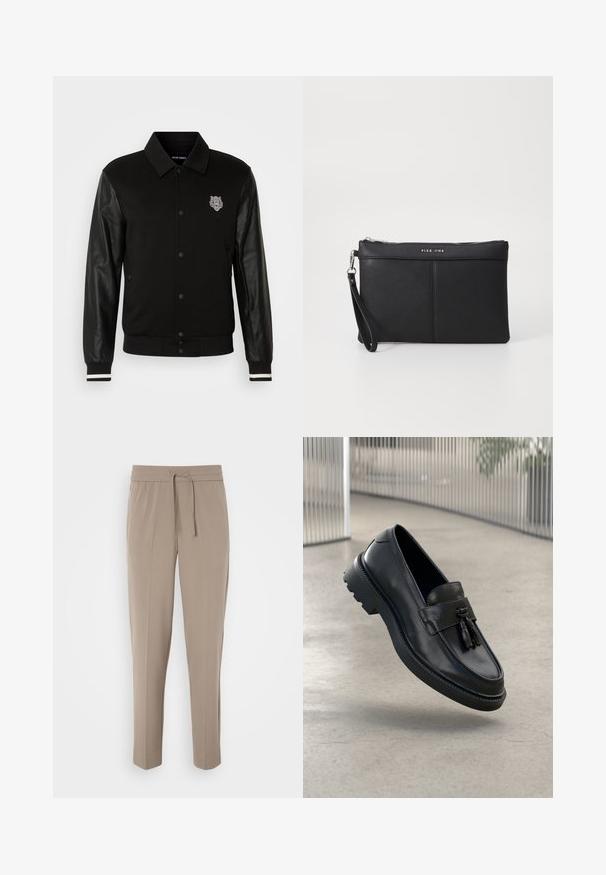 Black jacket with fabric body and leather sleeves. Features a button front, striped ribbed cuffs, and an embroidered logo on the chest.; Set of five t-shirts in black, white, and navy blue. Cotton fabric, short sleeves, crew neck design, and plain texture with no patterns.; Light beige trousers with an elastic waistband, adjustable drawstring, and tapered legs. Fabric appears smooth with a slight sheen.; Black leather loafers with a smooth finish, decorative tassel, thick rubber sole, and stitched accents. Lightweight and sleek design.; Black synthetic clutch with a zip closure, wrist strap, and a smooth texture. Features subtle stitching and a logo embossed on the front.