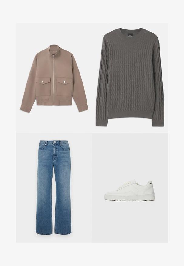 Taupe-kleurige bomberjack met ritssluiting aan de voorkant, twee klapzakken met drukknoop en geribbelde details aan de zoom.; Armani Exchange Trui - dark gull zig zag; Brede blauwe jeans van denim met een verouderde afwerking. Heeft vijf zakken, een sluiting met vooraan knoop en een rechte snit.; Witte leren sneaker met een gladde afwerking, ronde neus, platte veters en een gestructureerde zool. Kenmerkt zich door een subtiel logo op de hiel.