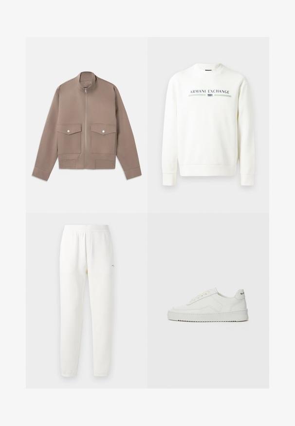 Tauenfarbener Bomberjacke mit Frontreißverschluss, zwei Taschen mit Druckknopfklappen und gerippten Details am Saum.; Weißer Sweatshirt mit Rundhalsausschnitt, langen Ärmeln und gerippten Bündchen. Mit einem gedruckten Logo "Armani Exchange 1991" in Blau und Grün.; Weiße Jogginghosen aus weichem Stoff, mit einem elastischen Bund, schmal zulaufenden Beinen und einem kleinen Logo auf der linken Seite.; Weiße Ledersneaker mit glatter Oberfläche, runder Zehenpartie, flachen Schnürsenkeln und strukturiertem Sohlenprofil. Mit einem dezenten Logo an der Ferse.