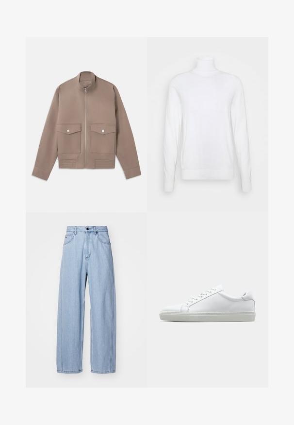 Giacca bomber di colore taupe con zip frontale, due tasche a patta con bottone a scatto e dettagli a costine sull'orlo.; Maglione bianco a collo alto con maniche lunghe, realizzato in tessuto liscio. Presenta un design aderente e polsini e orlo a coste. Senza motivi o dettagli.; Jeans in denim azzurro chiaro con un design a gamba ampia, caratterizzati da tasche anteriori, chiusura con bottone e cuciture dettagliate lungo le cuciture.; Sneaker bianco con tomaia in pelle liscia e profilo basso. Presenta una punta arrotondata, sei occhielli e una suola in gomma testurizzata.
