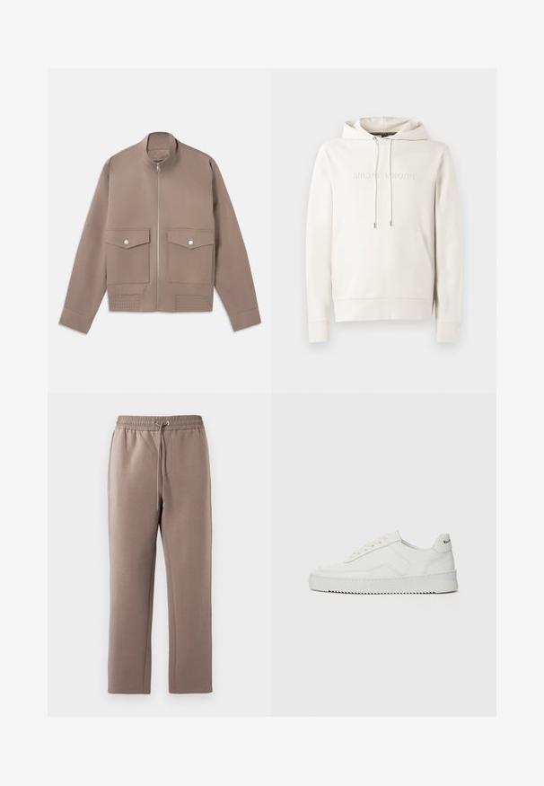 Taupe-kleurige bomberjack met ritssluiting aan de voorkant, twee klapzakken met drukknoop en geribbelde details aan de zoom.; Witte hoodie met een voorzak, aantrekkoorden en een reliëflogo. Gemaakt van zachte stof met ribbelmanchetten en -zoom. Minimalistisch ontwerp.; Bruine, middelhoge sweatpants gemaakt van zachte stof, met een elastische tailleband met een trekkoord, zijzakken en rechte pijpen.; Witte leren sneaker met een gladde afwerking, ronde neus, platte veters en een gestructureerde zool. Kenmerkt zich door een subtiel logo op de hiel.