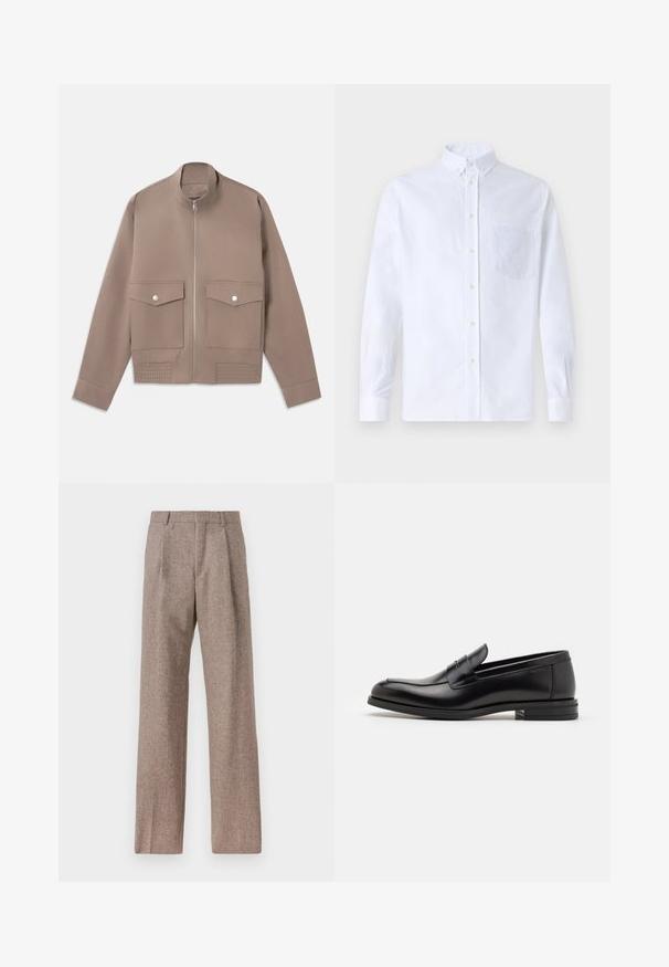 Bomber jacket de color topo con cremallera frontal, dos bolsillos con tapa y botón a presión, y detalles acanalados en el dobladillo.; Camisa blanca de manga larga y botonadura frontal, hecha de algodón, con un bolsillo en el pecho con bordado tonal, cuello y puños con botones.; Pantalones marrones de cintura alta hechos de una tela texturizada. Presentan piernas anchas y dos pliegues frontales para dar estructura. Acabado limpio sin hardware visible.; Mocasines de cuero negro con una textura suave, puntera redondeada y una tira decorativa en el empeine. Tacón bajo apilado, diseño minimalista.
