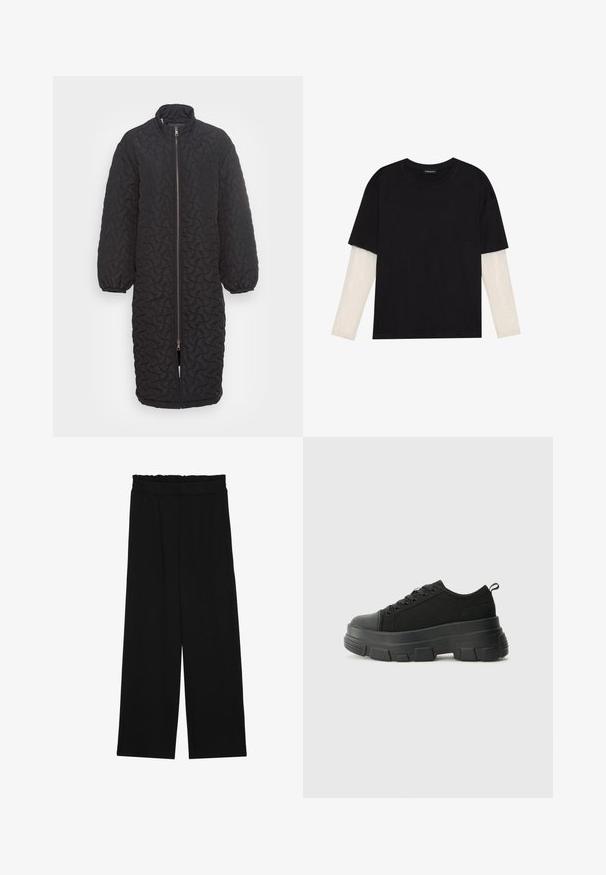 Culture CIELA JACKET - Casaco de inverno - black; T-shirt preta de algodão, com mangas curtas sobre uma camada de mangas longas branca com um padrão texturizado subtil. Design de decote redondo.; Calças largas pretas com um cinto franzido, apresentando dois bolsos laterais e um tecido suave e leve. Sem padrões ou ferragens visíveis.; Sneakers pretos com sola de borracha robusta, parte superior de tecido texturizado, bico redondo e design de atacadores. Apresenta ilhós reforçados e uma alça na parte posterior.