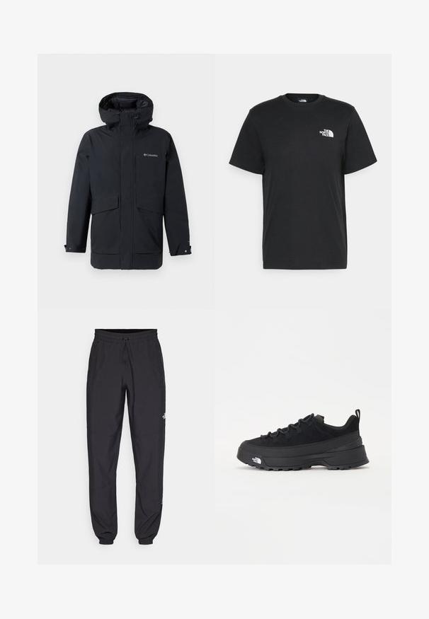 Casaco de inverno preto da Columbia com capuz, fecho frontal, dois grandes bolsos com aba e fechos ajustáveis nos pulsos.; T-shirt de algodão preto com mangas curtas, decote redondo e um pequeno logótipo branco no lado esquerdo do peito. Design simples, textura suave e corte relaxado.; Calças atléticas pretas feitas de tecido leve, com um cós ajustável por cordão, bolsos laterais e punhos afunilados nos tornozelos.; Sapatilha de exterior preta com parte superior em camurça, sola de borracha texturizada e sistema de atacadores robusto. Apresenta um calcanhar reforçado e o logótipo da marca na lateral.