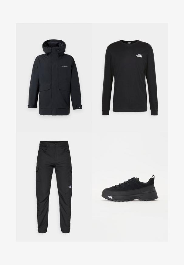 Giacca invernale nera Columbia con cappuccio, apertura frontale con zip, due ampie tasche a pattina e polsini regolabili.; T-shirt a maniche lunghe nera in cotone, con un logo bianco sul lato sinistro del petto e polsini a costine. Texture liscia con scollatura a girocollo.; The North Face HORIZON PANT - Pantaloni outdoor - black; Sneaker da esterno nera con parte superiore in suede, suola in gomma testurizzata e robusto sistema di allacciatura. Presenta un tallone rinforzato e il logo del marchio sul lato.